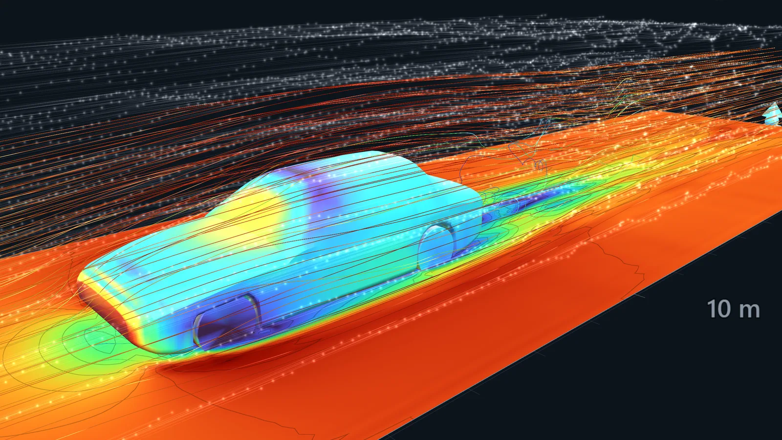 Streamlines flowing over and around a 3D sedan, coloured by speed
