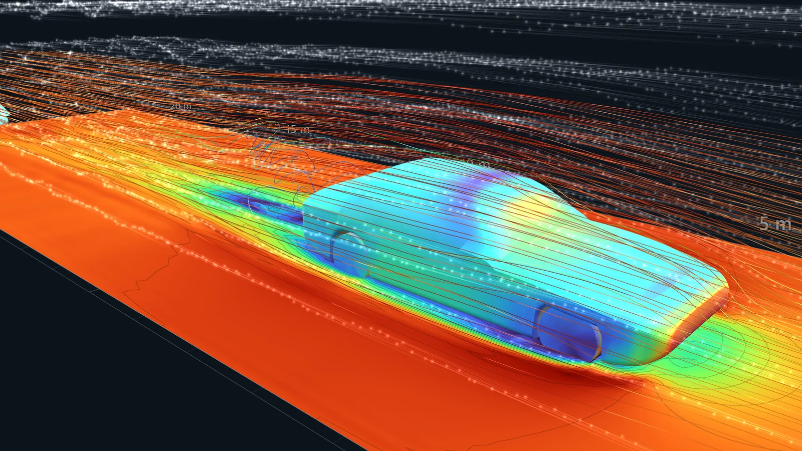 A 3D sports car seen from the other side, streamlines wrapping round its nose and roof
