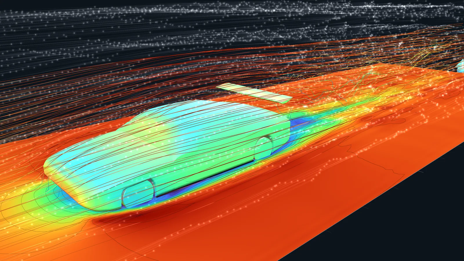 A 3D supercar with its rear wing, the body coloured by surface pressure, streamlines flowing over it and a speed map on the floor