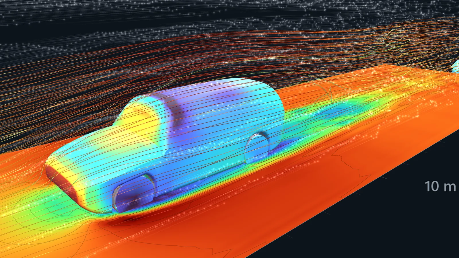 A 3D SUV coloured by surface pressure, with streamlines over the roof and the speed map on the floor showing its wake