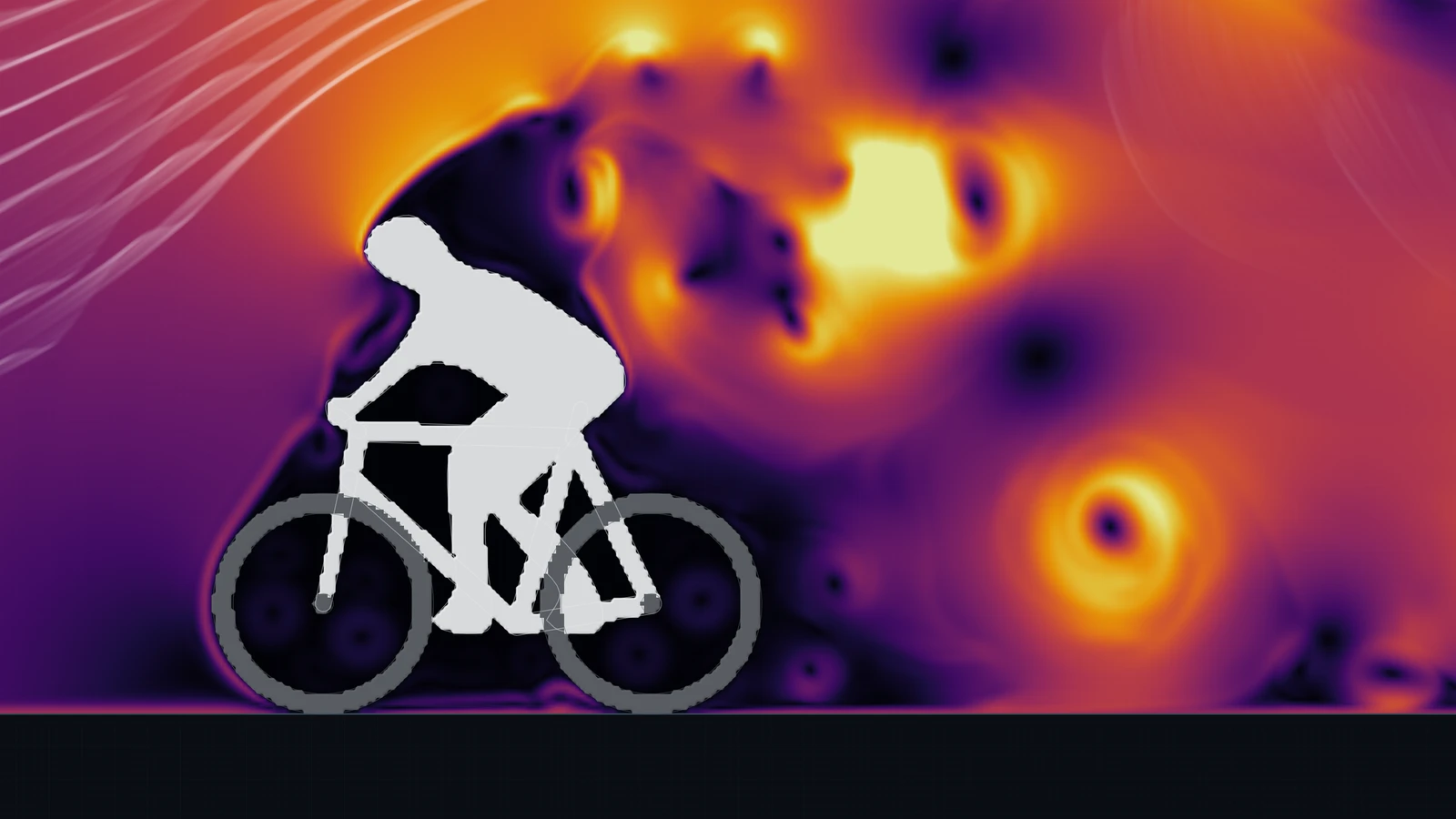 Speed field and smoke around a cyclist, with a swirling wake behind the rider
