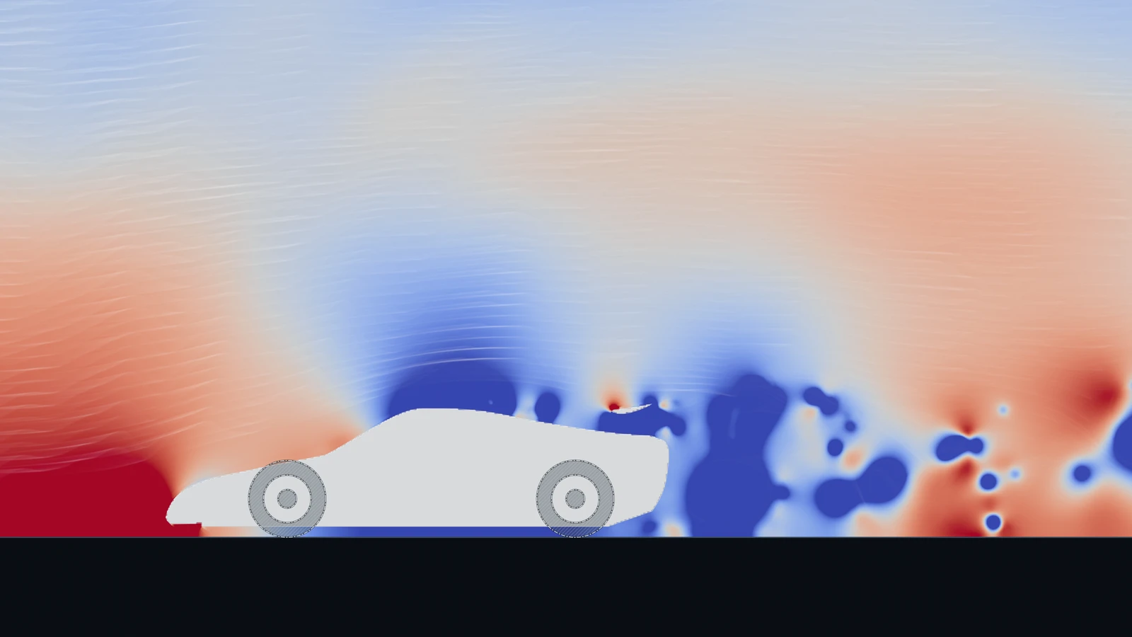 Pressure field around a supercar, with low-pressure vortices shed from the rear