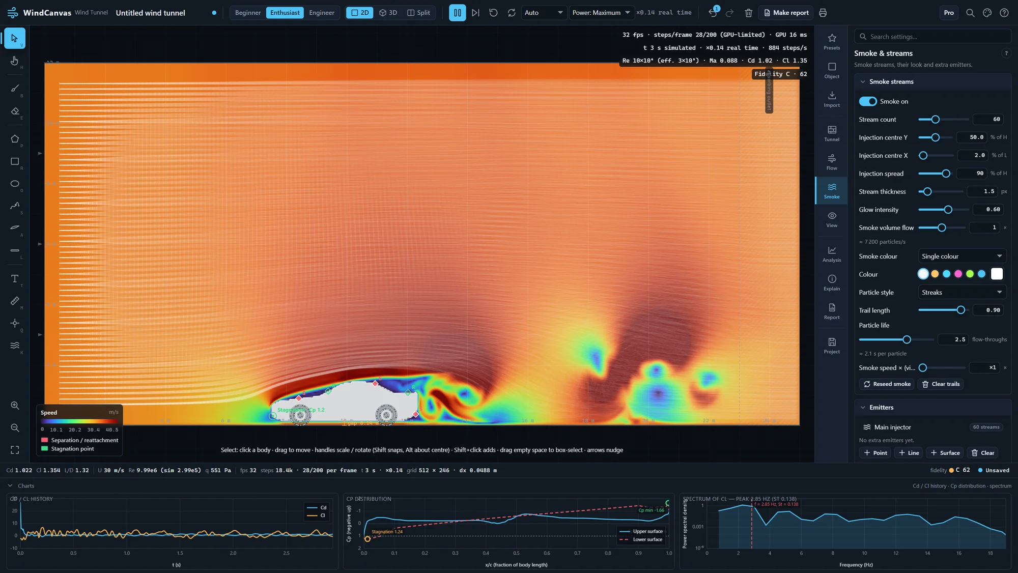 The full app: a car in the 2D tunnel with smoke and the speed field, the smoke settings panel and drag, lift and pressure charts