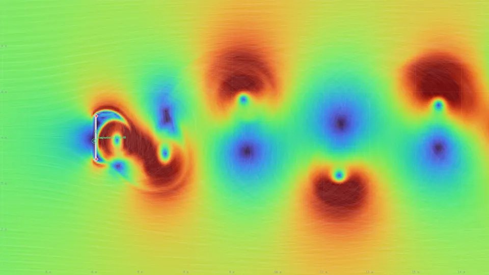 The swirling wake behind a flat plate facing the wind, coloured by air speed, in the free version of WindCanvas