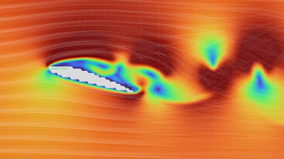 NACA 2412 at 16 degrees: the flow breaks away from the upper surface into a wide wake of eddies