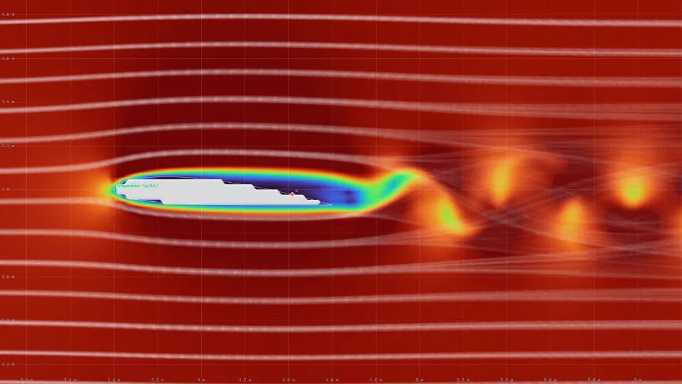 NACA 2412 at 4 degrees: the flow follows both surfaces and leaves a thin wake